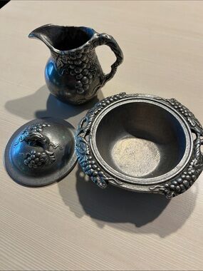 Vintage Carson Pewter vineyard Motif Pitcher and Covered Bowl Set